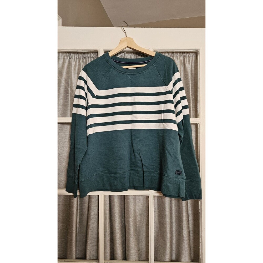 LL Bean Womens 1X Peaks Island French Terry Striped Sweatshirt Dark Teal White